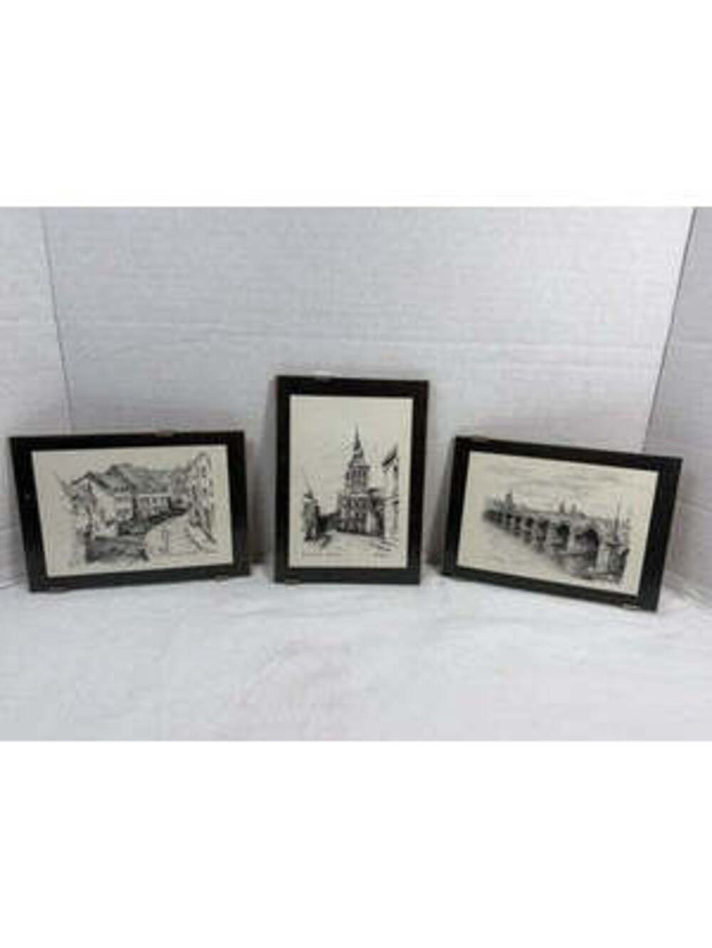 Vintage Maastricht Triptych Set of 3 B&W Ink Sketches on Wood, Netherlands